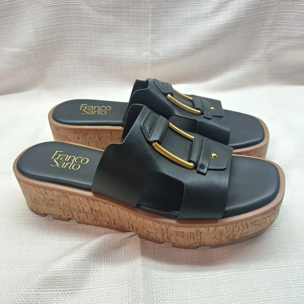 Franco Sarto‎ Women's US 9M Black Hesta Wedge Slide Sandals EUR 40